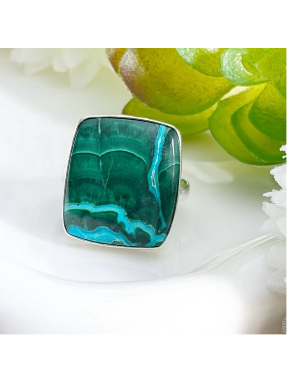 Sterling Silver 925 Malachite Chrysocolla Long Ring Size 8 1/4 8.25 New